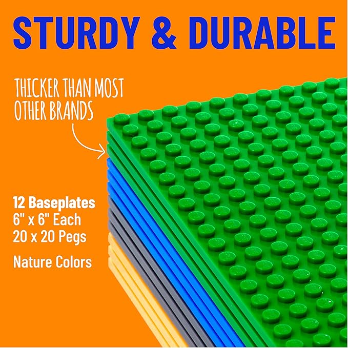 Strictly Briks Stackable Brick Baseplates - 6x6 in, 12-Pack, Blue, Green, Gray & Sand - Building Plate for Bricks & Creative Building Toys