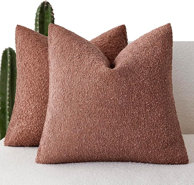 Foindtower Pack of 2 Textured Boucle Throw Pillow Covers Accent Solid Pillow Cases Cozy Soft Decorative Couch Cushion Case for Chair Sofa Bedroom Living Room Home Decor 18x18 Inch Orange Rust Red