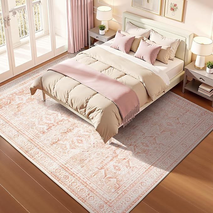 9x12 Area Rugs for Living Room, Pink Washable Non-Slip Large Carpet | Soft Area Rug for Dining Room Home Office Indoor Nursery, Stain Resistant, Low Pile, Foldable Vintage-Style Distressed Rug