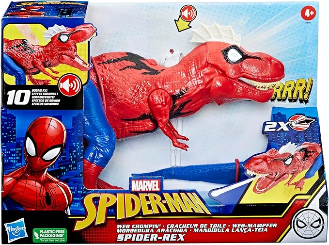 Spider-Man Marvel Web Chompin' Spider-Rex 16-Inch Action Figure with Sounds and Dino Blast Action, Superhero Toys for Kids Ages 4 and Up