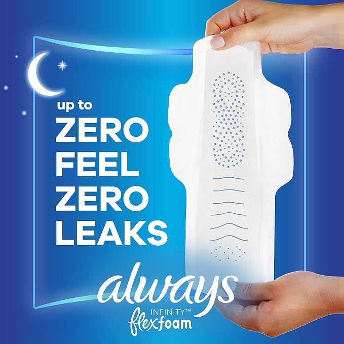 Always, Infinity with FlexFoam Pads for Women, Size 4, Overnight Absorbency with Wings, 26 Count (Pack of 2)