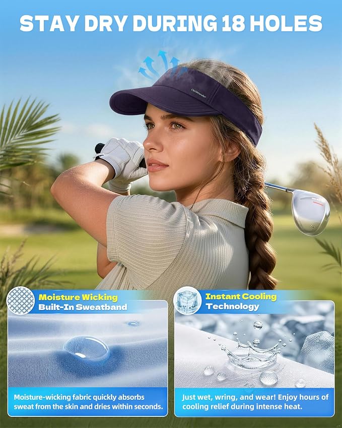 Sun Visor Hats for Women Men - Wide Brim Quick Dry Adjustable Hat | Upf 80+ Sun Protection Sport Hat, Cooling Sweatband; Breathable Quick-Dry Fabric Visors for Running, Tennis, Golf, Sports