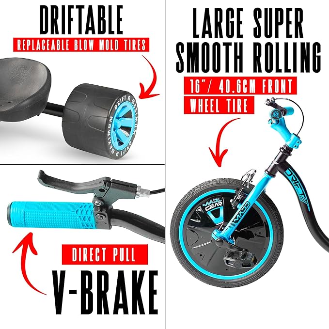 Drift Trike for Kids Ages 5+ – 16" Front Wheel Ride-On with Adjustable Seat, Steel Frame, Rear Slick Drift Wheels & Safety Flag – Madd Gear - (Black Blue)