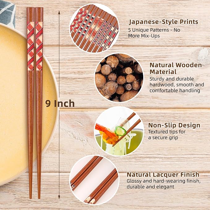 Antner Handmade Japanese Chopsticks Reusable Natural Wooden Chopstick with Box, 5 Pairs Gift Set