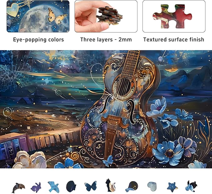Guitar Moon Night Jigsaw Puzzles for Adults 1000 Pieces, Murder Mystery, Unique Brain Challenging Shaped Puzzle for Game Night, Family, Friends, Size 26.6x19.2