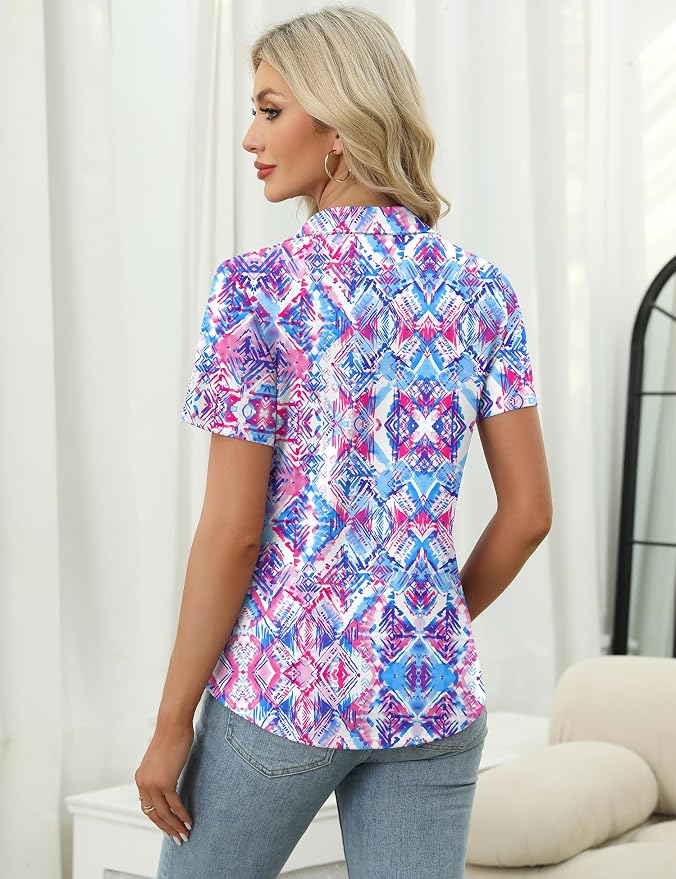 LOMON Womens Golf Polo Shirt Summer Short Sleeve Quarter Zip Outfit | Side-Pockets,Princess Seams,Cotton,Wrinkle Free,Moisture Wicking,Quick-Dry,Lightweight,Collared,for Tennis Workout