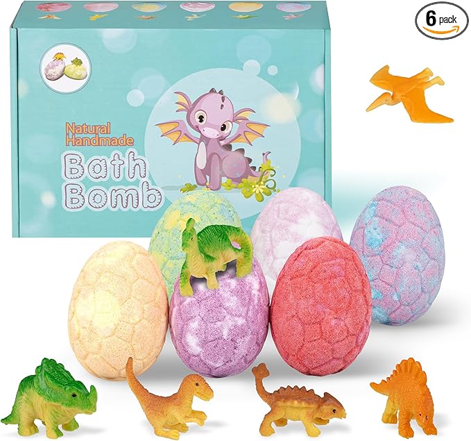 Dino Egg Bath Bombs(4.23oz) for Kids with Surprise Dinosaur Toy – 6 Pack Organic & Natural Bath Fizz, Relaxing Spa Set, Birthday & Christmas Gift for Boys & Girls