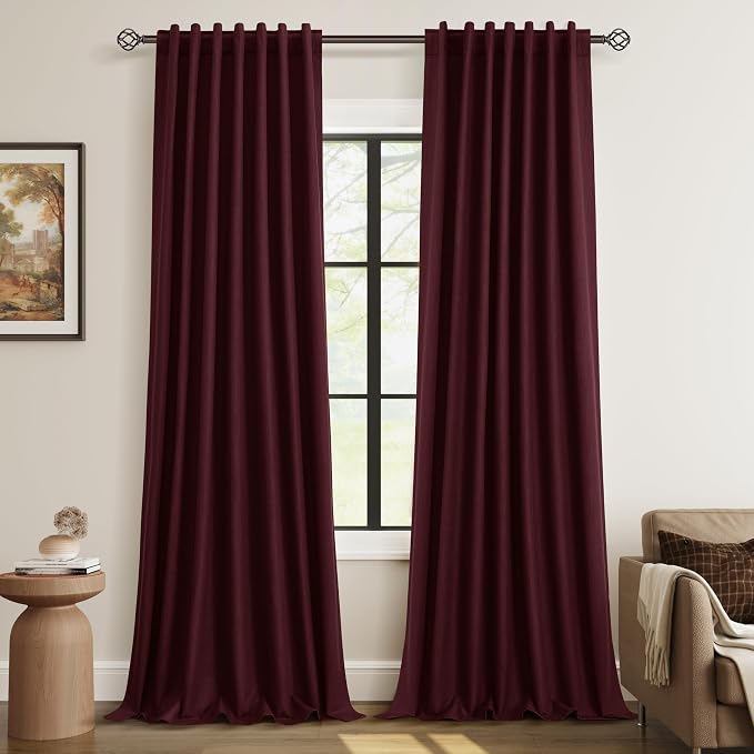 Guken 100% Blackout Curtains 96 Inch Length 2 Panels Set for Living Room Bedroom Back Tab Thermal Insulated Black Out Linen Drapes Room Darkening Window Curtains 96 Inches Long,Burgundy
