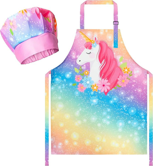 R HORSE Kid Apron and Chef Hat Set - 2Pcs Adjustable Magic Horse Children Kitchen Toddler Apron for Girls Role Play Chef Toy Funny Cooking Birthday Gift for kids Cooking Baking Painting and Training
