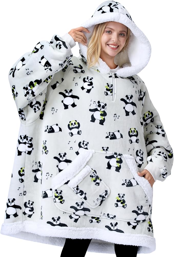 Giggling Getup Wearable Blanket Hoodie for Adults Gifts for Teen Girls Sister Women Sherpa Fleece Printed Hooded Blanket Sweatshirt Warm Cozy with Pocket & Sleeves Grey Panda