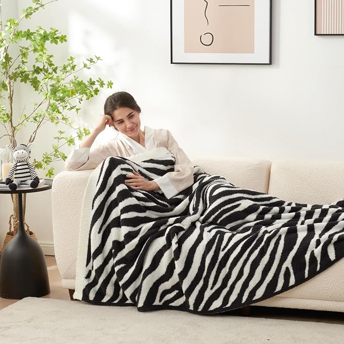 Snuggle Sac Zebra Blanket Black Zebra Print Blanket Ultra Soft Reversible Zebra Throw Blanket for Couch, Sofa & Bed, 50x60 inches