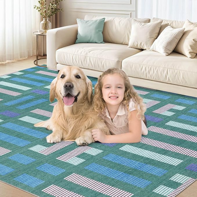 cotiled 5x7 Area Rugs Living Room Rug: Washable Boho Rugs with Non Slip Backing Large Soft Indoor Stain Resistant Carpet for Bedroom Farmhouse Dining Room Lightweight Home Decor Green