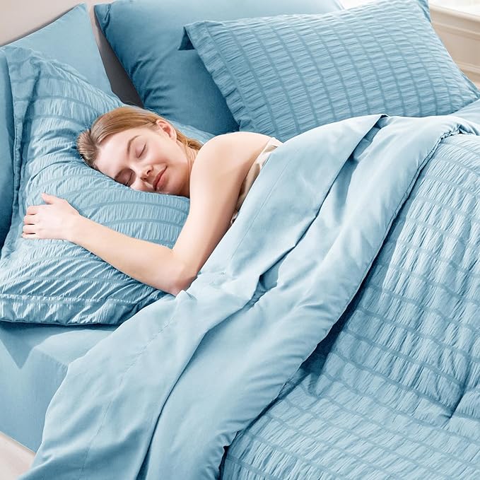 CozyLux King Size Comforter Set Sky Blue Seersucker 7 Pieces Bed in a Bag King Comforter Set with Sheets, Luxury Soft Bedding Sets with Down Alternative Comforter, Sheets, Pillowcases & Shams