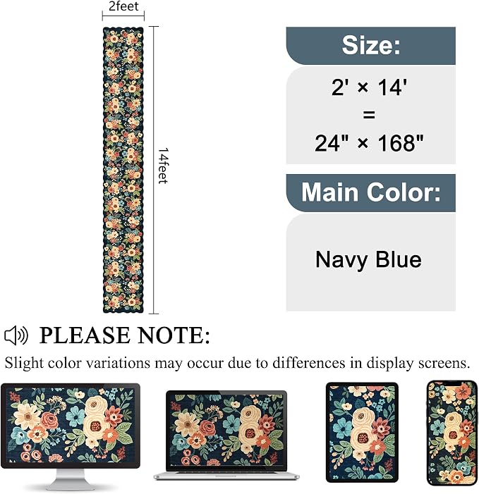 DUKINO 2x14 Hallway Runner Rug, Floral Washable Kitchen Rug, Navy Blue | Non Slip, Low Pile, Soft Long Runner Rugs for Entryway, Bedroom, Bathroom, Laundry, Pet Friendly, Home Decor, Lightweight