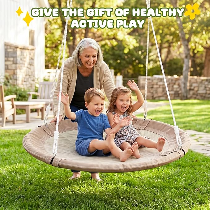 Trekassy 700lb 40 Inch Saucer Tree Swing for Kids Adults Outdoor 900D Oxford Waterproof with 2pcs Tree Hanging Straps, Steel Frame and Adjustable Ropes, Taupe