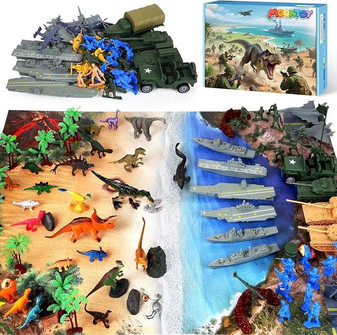 MOONTOY Army Men and Dinosaur Military Playset, 128PCS Toy Soldiers with Tanks, Jets, Missiles, Vehicles & Battle Mat, Army Men Action Figures, Christmas Birthday Gift for Kids Boys and Girls Ages 3+
