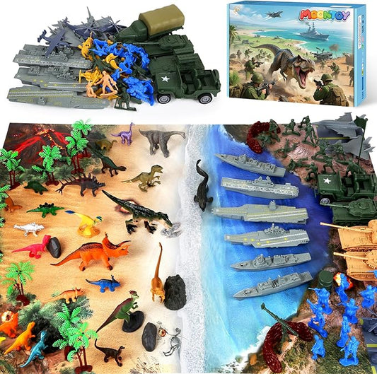 MOONTOY Army Men and Dinosaur Military Playset, 128PCS Toy Soldiers with Tanks, Jets, Missiles, Vehicles & Battle Mat, Army Men Action Figures, Christmas Birthday Gift for Kids Boys and Girls Ages 3+