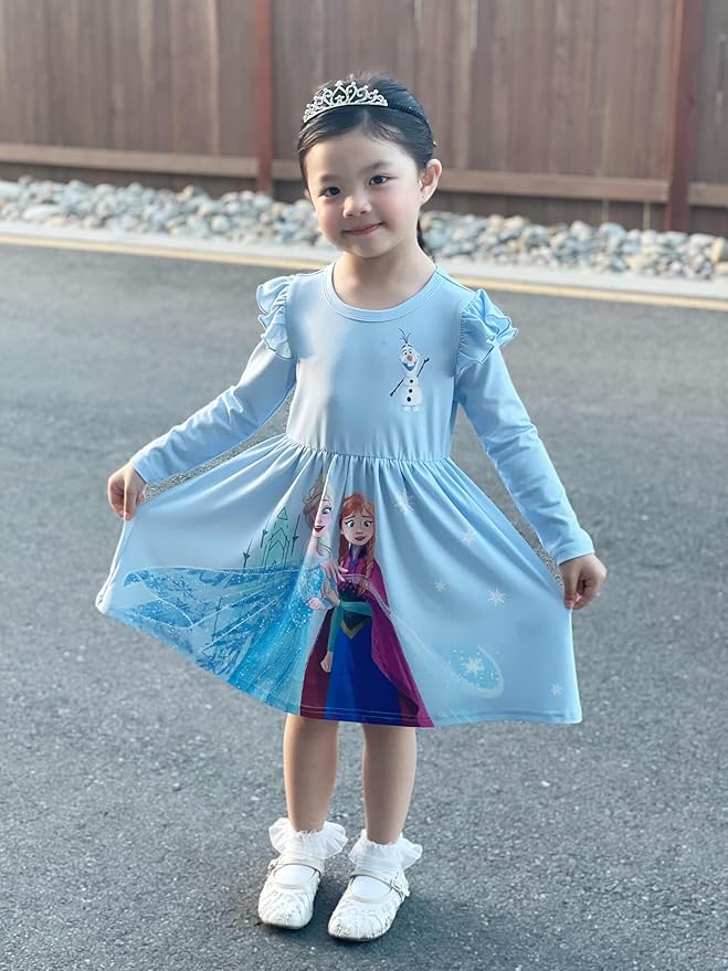 Disney Frozen Elsa Stitch Princess Minnie Mouse Toddler Girl Dresses 2 Pack Ruffle Long Sleeve Dress Set (3 Months - 6 Years)