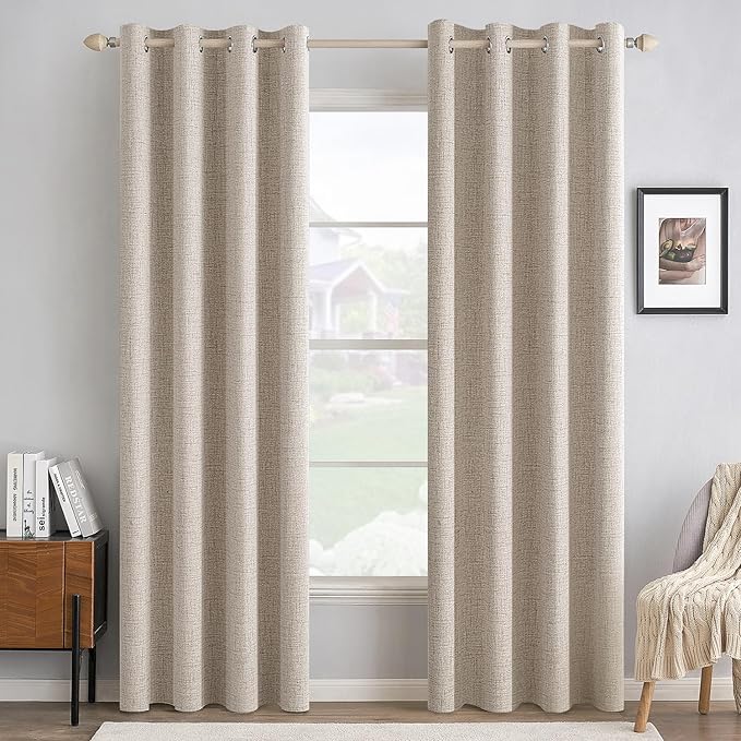 MIULEE 100% Blackout Linen Textured Curtains for Bedroom Solid Thermal Insulated Natural Grommet Room Darkening Curtains & Drapes Luxury Decor for Living Room 52 x 96 Inch (2 Panels)