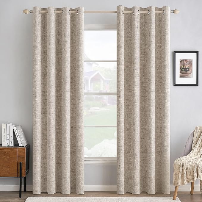MIULEE 100% Blackout Linen Textured Curtains for Bedroom Solid Thermal Insulated Natural Grommet Room Darkening Curtains & Drapes Luxury Decor for Living Room 52 x 84 Inch (2 Panels)