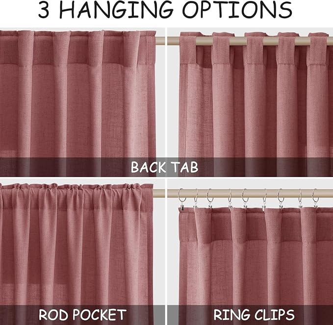 Canyon Rose Linen Curtains for Living Room 126 Inches Long Light Filtering Semi Sheer Curtain Back Tab Modern Farmhouse Decor Boho Girl Drapes Floor to Ceiling High Window for Bedroom 52x126, 2 Panels