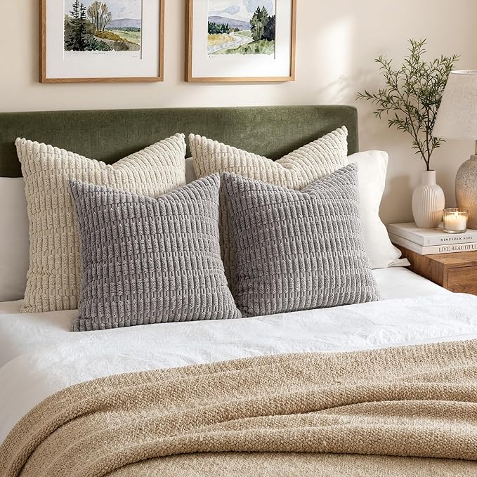 MIULEE Euro Sham Corduroy Decorative Throw Pillow Covers 22x22 Light Grey | Pack of 2 Soft Boho Striped Pillow Covers Modern Farmhouse Home Decor For Sofa Living Room Couch Bed