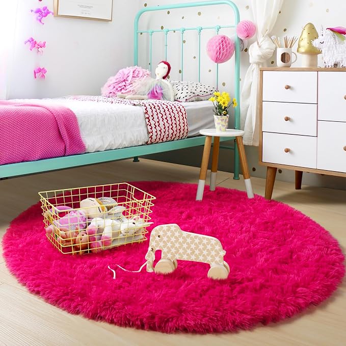 Hot Pink Round Rug 4Ft for Girls Bedroom, Fluffy Circle Area Rugs for Kids Room Decor Aesthetic, Shag Plush Fuzzy Furry Carpet for Living Room, Nursery, Dorm, Classroom, Teen, Cute Shaggy Baby Rug