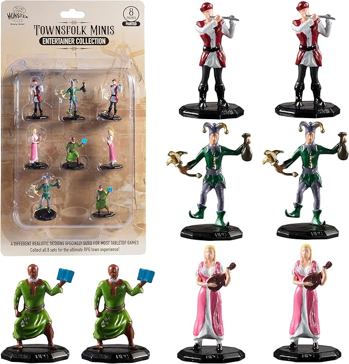 Monster Townsfolk Mini Fantasy Figures - 8pc Hand-Painted Entertainer Non Player Character NPC Miniatures - 1" Hex-Sized Compatible w DND Dungeons Dragons Pathfinder RPG Tabletop Games