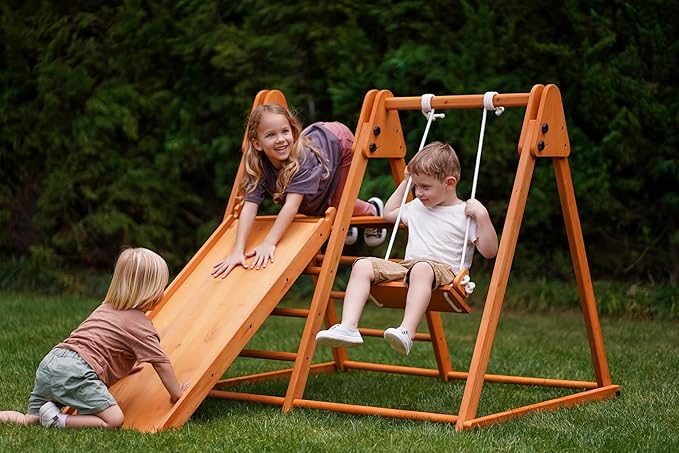 Avenlur 4-in-1 Juniper Outdoor Play Gym - Jungle Gym Playset with Baby Swing, Slide, Ladder, and Climbing Wall - Foldable Wooden Playset - Outdoor Jungle Gym for Kids Ages 18mo to 6yrs