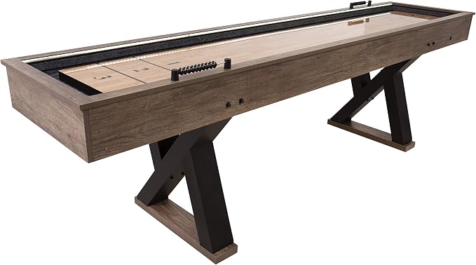 American Legend Kirkwood 9’ Shuffleboard Table with LED Rails, Bowling Game Set, Rustic Wood Finish & Accessories Included