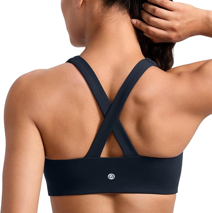 CRZ YOGA SculptAir Wide Straps Cross Back Sports Bras for Women - U Neck Medium Impact Wireless Padded Workout Top