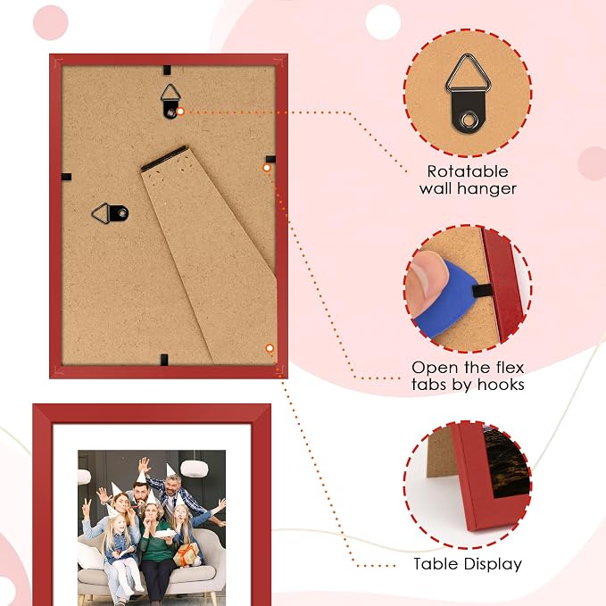 FIXSMITH 5x7 Picture Frame Set of 2, Red Photo Frame with HD Plexiglass, Display Pictures 4x6 with Mat or 5x7 Without Mat Multi Picture Frames Collage for Tabletop or Wall Display