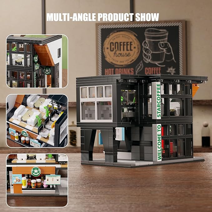 TYCOLE City Coffee Shop Building Block Set, 581PCS Architecture Model with Lights for Display & Decor, Realistic Cafe Toy, Christmas/Birthday Gift for Adults & Kids 8-12