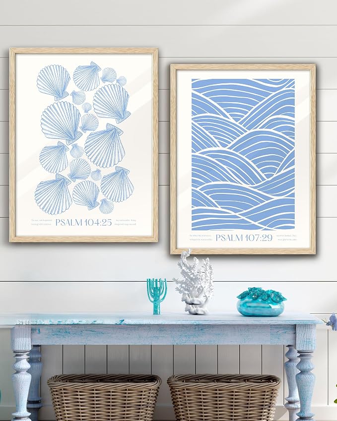 EcoHest 16x20 in Psalm 104:25 Coastal Seashell Framed Christian Wall Art | Solid Oak Wood Frame with Canvas Wall Art, Scripture Bible Verse Decor for Bedroom, Living Room, Office, Church, 1Pack