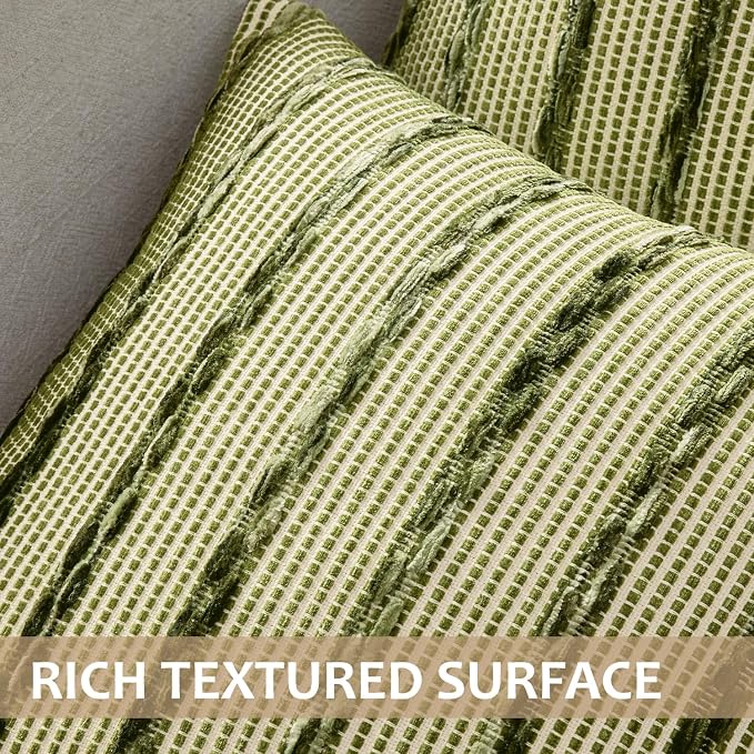 ANRODUO Boho Decorative Pillow Covers Olive Stripe 20x20 Inch Set of 2 | Woven Chenille Decorative Cushion Case with Striped Farmhouse Accent Neutral Pillowcase for Couch Sofa Bed Living, Room Decor