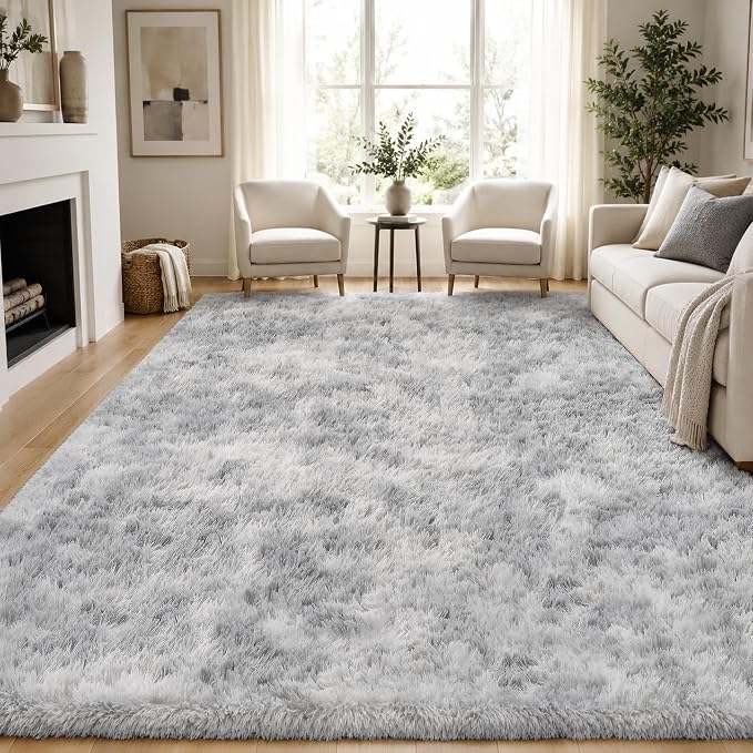 8x10 Area Rugs for Living Room Bedroom: Light Grey Soft Fluffy Shag Upgrade Non-Slip High Pile Carpet Large Fuzzy Plush Indoor Floor Decor Shaggy Rug for Kid Boys Girls Playroom Nursery Modern Home