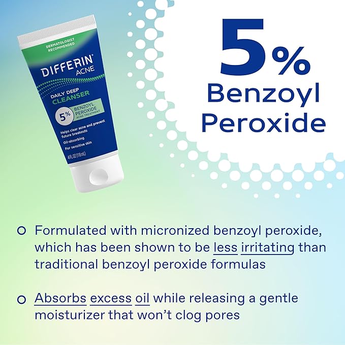 Differin Acne Face Wash with 5% Benzoyl Peroxide, Daily Deep Cleanser by the makers of Differin Gel, Gentle Skin Care for Acne Prone Sensitive Skin, 4 oz (Packaging May Vary)