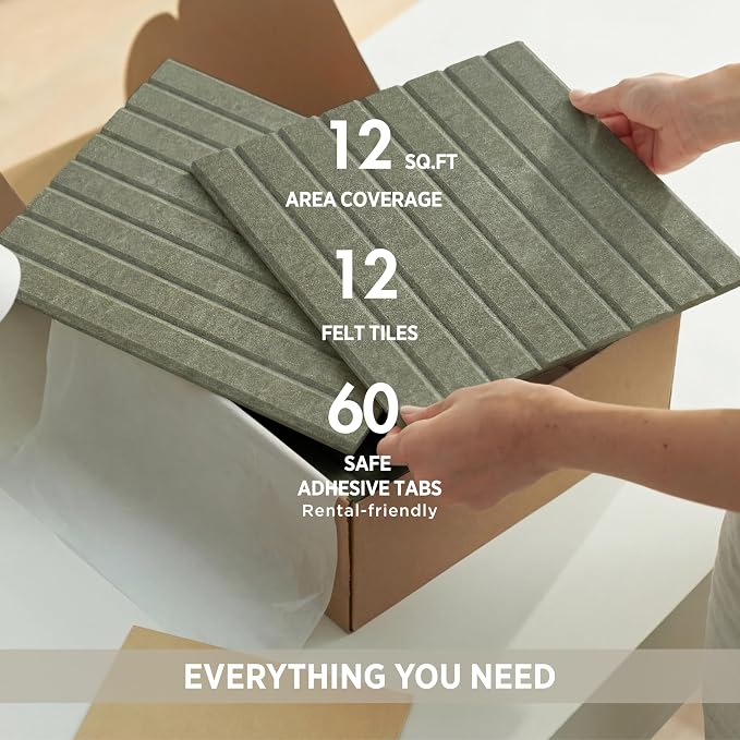 Felt Bulletin Board Tiles 48"x36" 12-Pack, Cork Board Alternative, OEKO-TEX Certified, NRC 0.95 Acoustic Wall Panels, Damage-Free Adhesive, Slatted Design, Home Office, Classroom (Khaki Green)