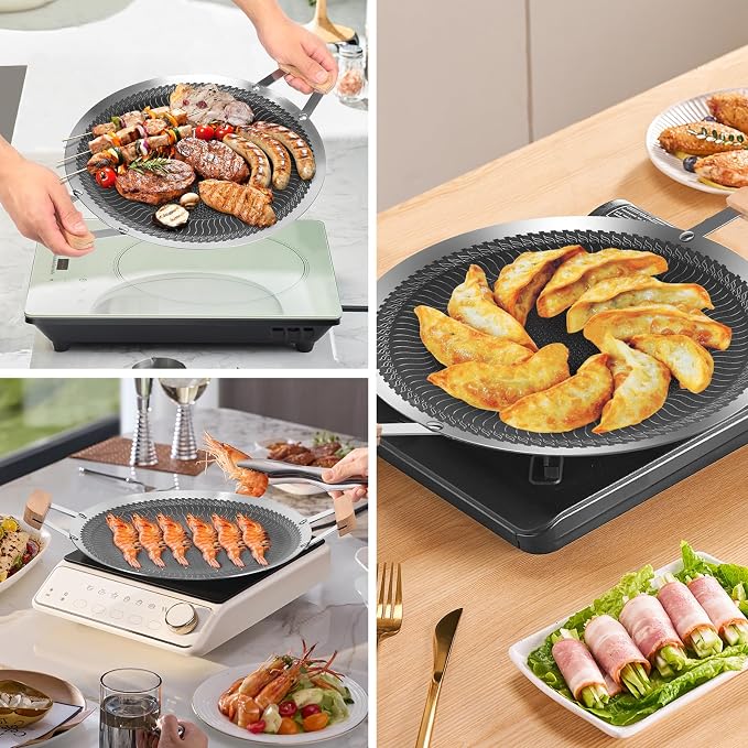 Korean Style BBQ Grill Pan, Portable Non Stick Stainless Steel BBQ Griddle Pan with Handle, Honeycomb Round Stovetop Grill for Outdoor Camping Gathering