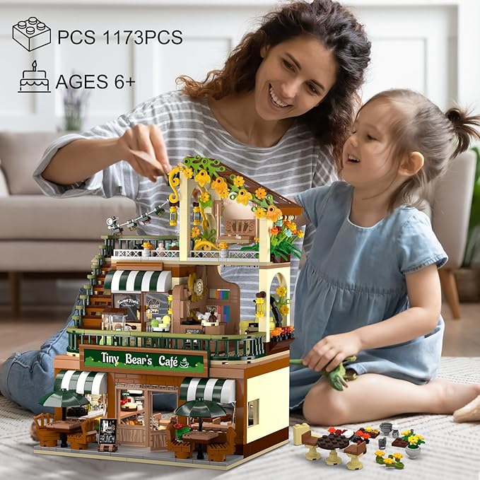 City Coffee House Building Set with Light, 1173 PCS Cafe Shop Building Block Toy with Ordering Counter Baking Room, Architecture Construction Model for Adults Teens Kids Boys Girls Ages 6-12+