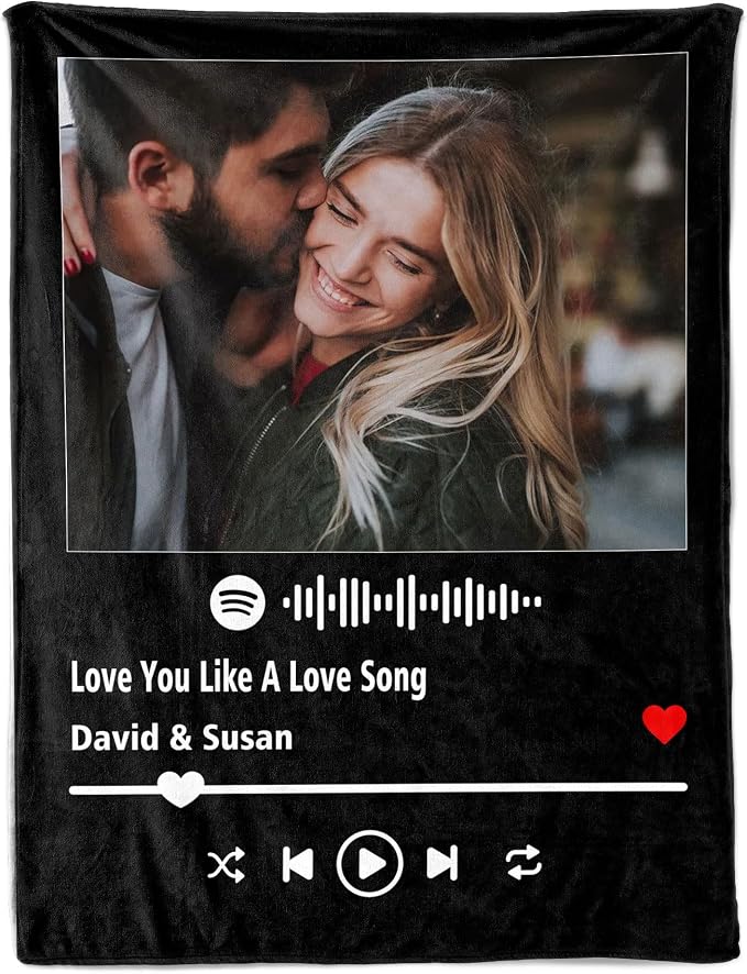 Custom Spotify Code Music Blanket Customize Blankets with Picture Text Customized Thows Photo Blanket Personalized Valentines Mothers Day Birthday Gifts for Mom Dad Girlfriend Boyfriend Wife Husband