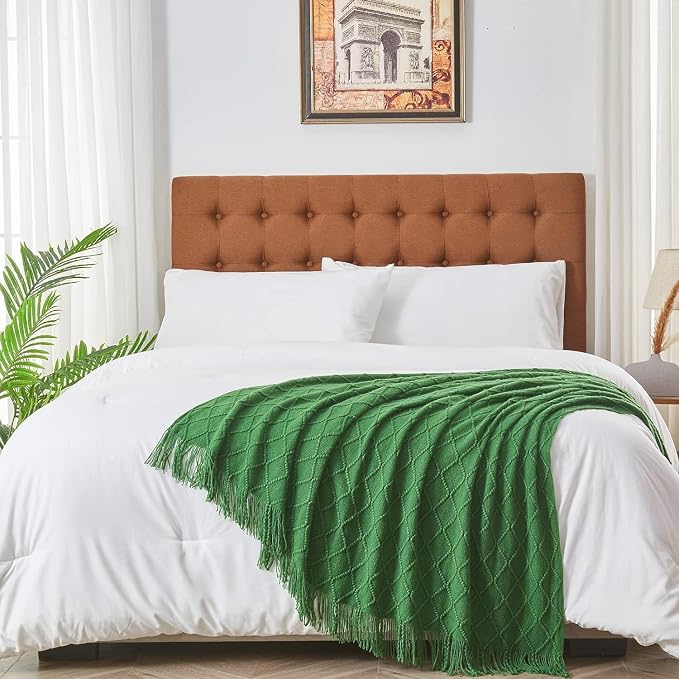 inhand Green Knitted Throw Blanket for Couch and Bed, 50"x60" | Throws for Her or Him, Soft Farmhouse Woven Blanket, Tassel, Lightweight Decorative, Cozy Knit, Warm Living Room Home Decor