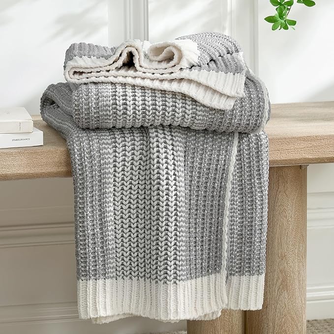Amélie Home Premium Chenille Throw Blanket, Soft Cozy Luxury Two-Tone Knit Blanket for Couch, Sofa, Chair, Home Decor, Grey & Ivory 50"x60"