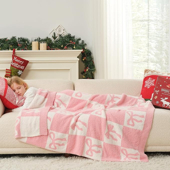 Snuggle Sac Bow Throw Blanket for Couch, Microfiber Fluffy Warm Cozy Fuzzy Reversible Checkered Blankets for Sofa, Chair, Bed, 60x80 inches