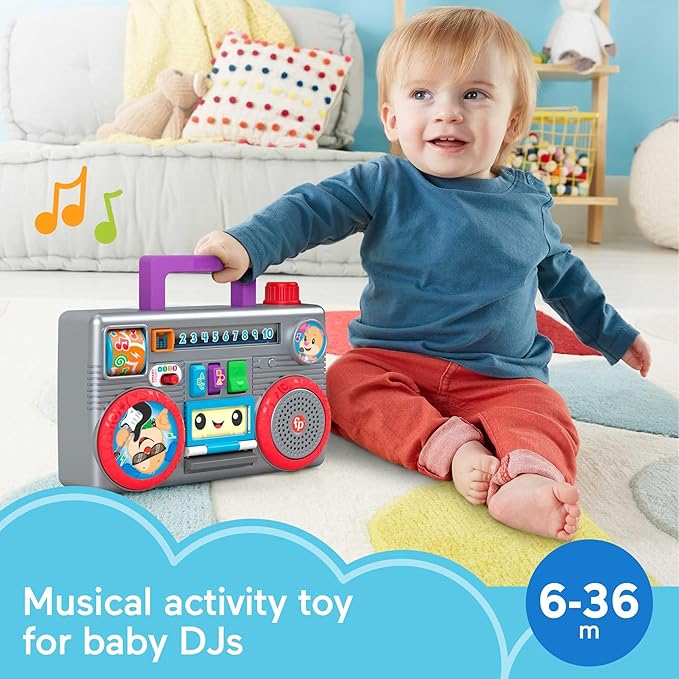 Fisher-Price Laugh & Learn Busy Boombox, Retro-Inspired Musical Infant Activity Toy with Learning Content for Baby and Toddlers (Amazon Exclusive)