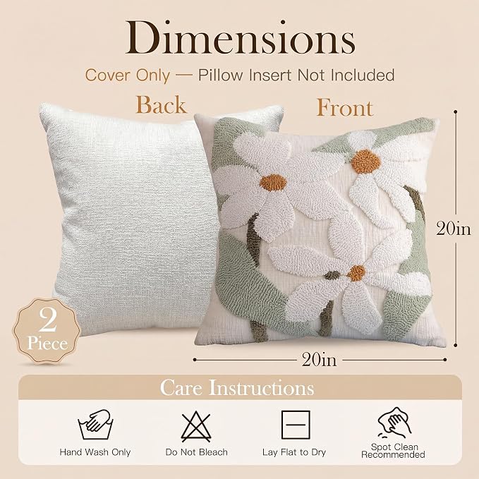 Summer Daisy Throw Pillow Covers 20x20 Inch Set of 2, Chenille Embroidered Pillowcase with 3D Tufted White Flowers Sage Green Leaves, Boho Decorative Cushion Covers for Couch Sofa Bed