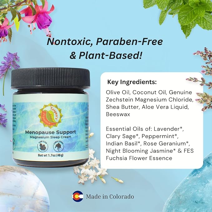 Taspen's Organics Menopause Support Magnesium Sleep Cream – Natural Cooling Relief for Hot Flashes & Night Sweats | Promotes Relaxation & Sleep | Flower Essence & Botanical Formula (1.7 oz)