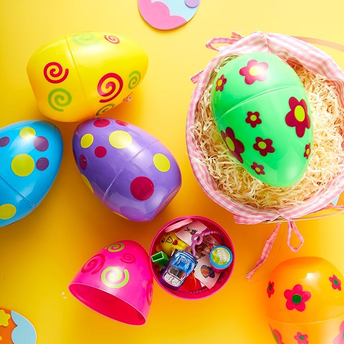 JOYIN 6 Pcs Large Printed Easter Eggs, 6 Inches Jumbo Plastic Eggs Fillable for Easter Themed Hunt Basket Stuffers Fillers Filling Treats Party Favor Classroom Prize Supplies