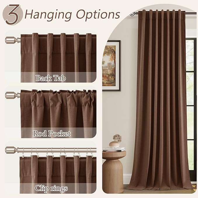 Guken 100% Blackout Curtains 96 Inch Length 2 Panels Set for Living Room Bedroom Back Tab Thermal Insulated Black Out Linen Drapes Room Darkening Window Curtains 96 Inches Long,Rustic Brown