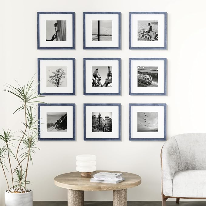 Vittanly 12x12 Picture Frames Set of 9 for Wall Mounting, Navy | Display Pictures 8x8 with Mat or 12x12 without Mat for Wall Mounting, Square Photo Frames for Home Decor, Engineered Wood